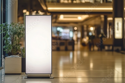 blank empty roll up mockup poster stand in an shopping center or mall environment at restaurant or cafe entrance as wide banner design with blank empty copy space