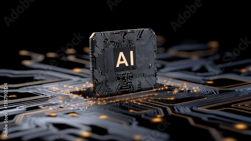 AI Microchip on Circuit Board with Glowing Connections and Details
