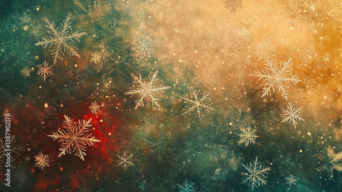 An ethereal glowing burst of radiant red and icy green snowflakes scattered abstractly over softly shimmering golden mist.