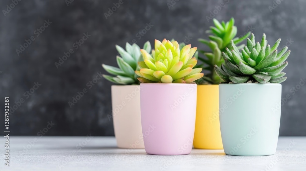 Three succulents in pastel-colored pots sit on a table. The pots are pink, yellow, and light blue. The background is a dark gray wall. The image is well-lit, high-quality, and features a minimalist Three succulents in pastel-colored pots sit on a table. The pots are pink, yellow, and light blue. The background is a dark gray wall. The image is well-lit, high-quality, and features a minimalist