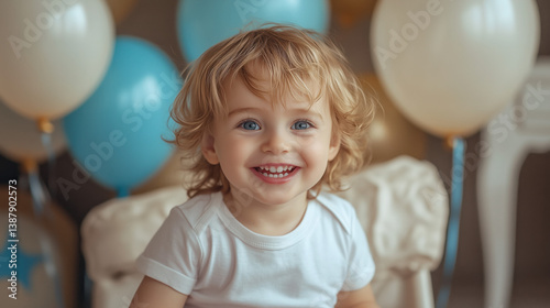 a child joyfully playing with helium balloons at their birthday party