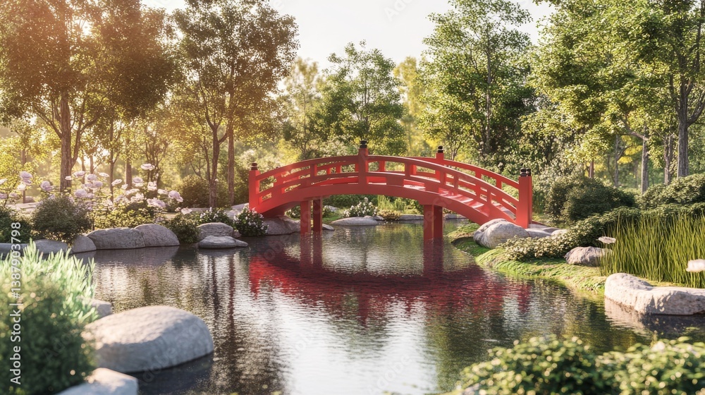 Tranquil Japanese Garden with Red Bridge Surrounded by Lush Nature Tranquil Japanese Garden with Red Bridge Surrounded by Lush Nature