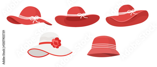 Collection of Red and White Women's Sun Hats with Ribbons and Flowers