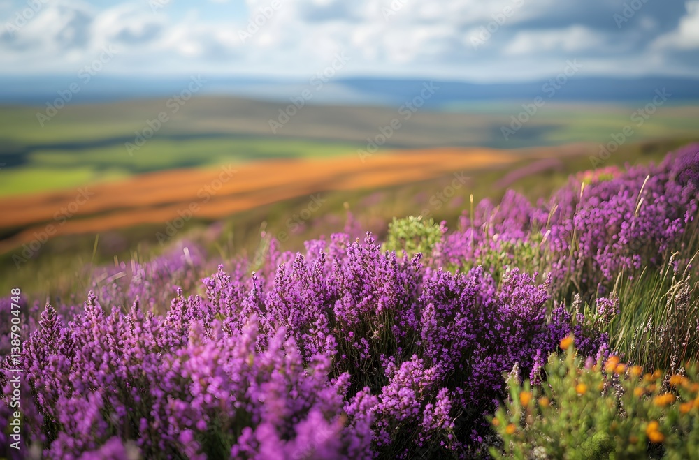 Obraz premium Blooming purple heather on rolling hills under a cloudy sky