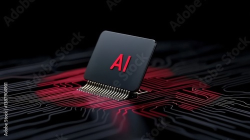 Futuristic Microchip with AI Technology on Circuit Board Background