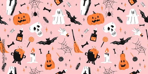 Halloween Pumpkin, zombie hand, web, bat, coffin, broom, ghost, skull, candy, witch potion. Spooky seamless Pattern. Kids print for backgrounds, packaging, clothing, cover, textile, fabric. Vector ill