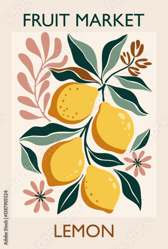 Abstract Fruit Market Lemon retro poster. Trendy contemporary wall art with fruit design in Mid century modern style. Vector flat illustration