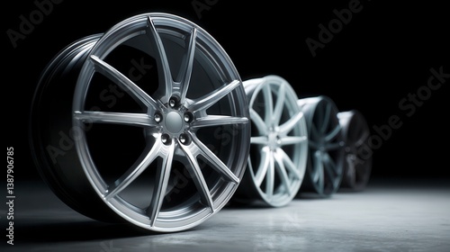 Wheel Showcase: Captivating a lineup of stylish alloy wheels in varying shades of grey and silver, expertly illuminated against a dark background.