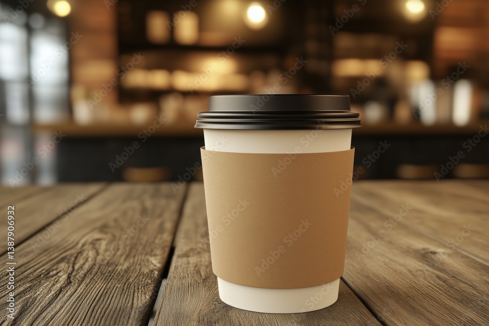 Coffee cup on wooden table in a coffee shop, mock-up Coffee cup on wooden table in a coffee shop, mock-up