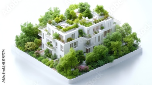 Eco-friendly urban housing complex, nestled within a lush green environment.  Modern architecture, sustainable design, and rooftop gardens are showcased