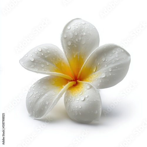 Single White Plumeria Flower with Dew Drops Soft Petals, Floral Beauty