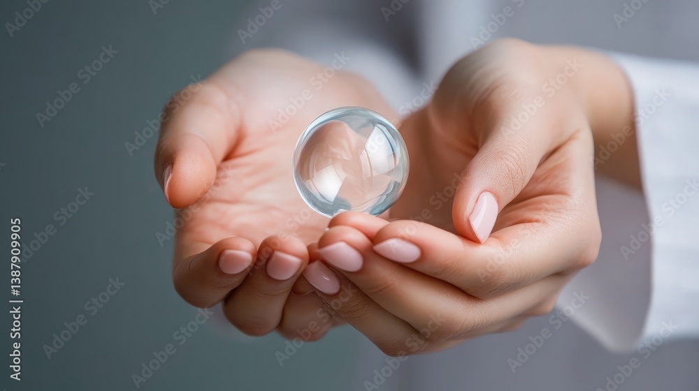 A close-up shot of delicate hands gently cradling a transparent glass sphere, beautifully reflecting light, symbolizing care, fragility, and human connection with objects.