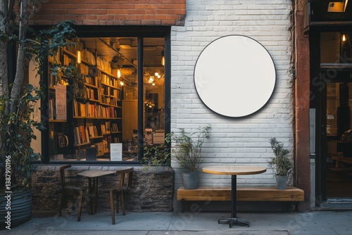 Empty white circular iron shop sign on wall of downtown cafe / bookstore in hipster area - storefront identity - urban retail space - mockup design