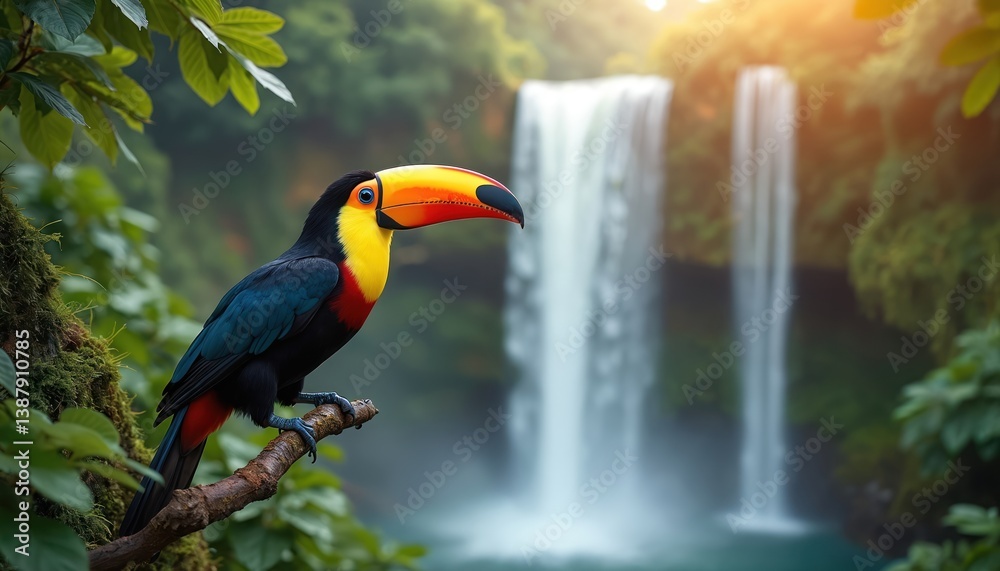 Naklejka premium Colorful toucan bird perches on branch near waterfall. Exotic wildlife scene, tropical rainforest landscape, blue water, vacation theme. Travel destinations, animal in nature. Eco tourism concept,