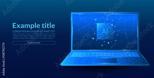 AI chip on a technological blue digital laptop monitor. Abstract background of digital technological innovation. Digital computer processor in technological blue