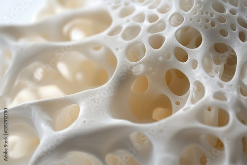 Microscopic view of porous bone structure, revealing intricate network of trabeculae and cavities. photo