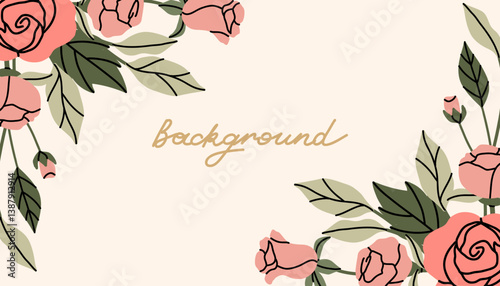 Rose background. Pink flowers and green leaves. Decorative banner, spring summer elegant horizontal poster. Bouquet with blossoms. Botanical decoration. Vector cartoon flat isolated illustration