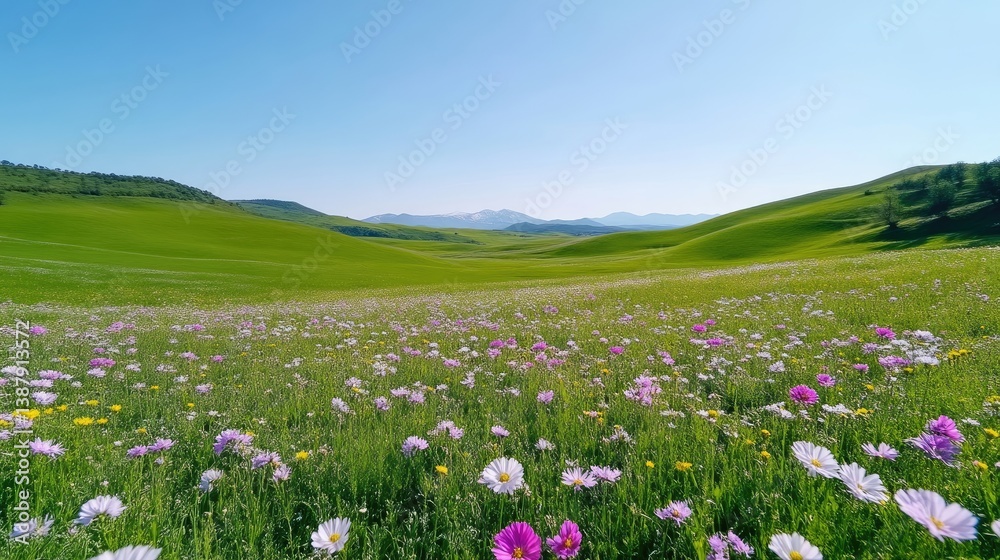 A vibrant field of wildflowers blankets a rolling green landscape. The scene includes distant, hazy mountains under a clear blue sky. The image is high-resolution, showcasing sharp detail and bright A vibrant field of wildflowers blankets a rolling green landscape. The scene includes distant, hazy mountains under a clear blue sky. The image is high-resolution, showcasing sharp detail and bright