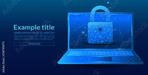 Digital padlock on a technological blue digital laptop screen. Abstract digital cybersecurity background