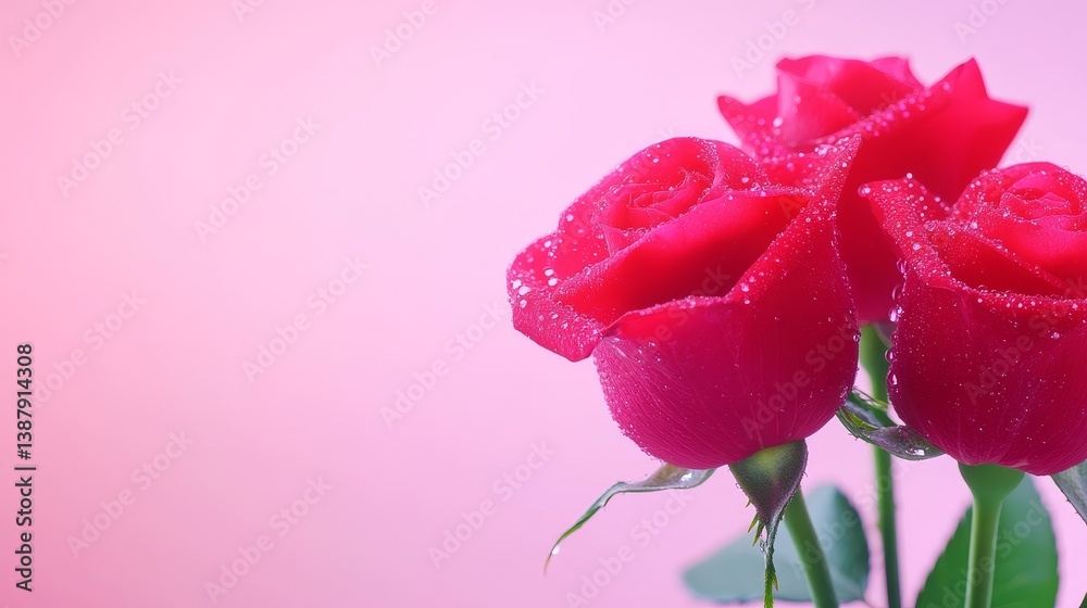 Obraz premium Dew Kissed Crimson Roses - Three vibrant red roses, glistening with dew drops, symbolize love, beauty, passion, freshness, and romance. A perfect for Valentine's Day, anniversary