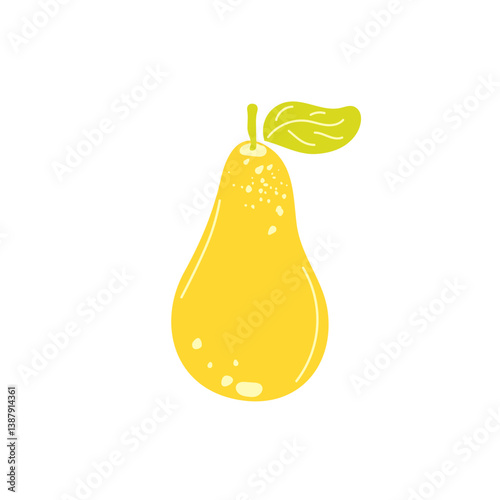 Colorful hand drawn pear isolated on white background. Flat cartoon vector illustration. Modern abstract fruit icon. Whole pear with green leaf