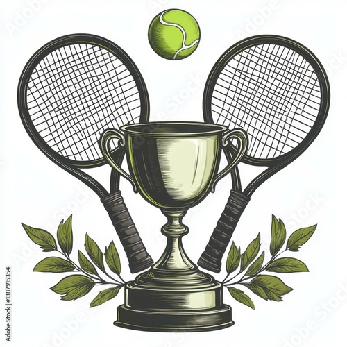 Tennis championship trophy with rackets and tennis ball showcasing victory and achievement in sports