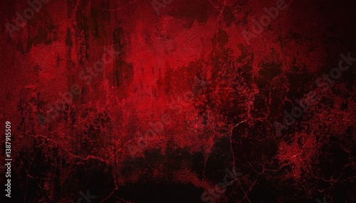 Black blood red grunge or horror background. Old rough concrete distressed texture. The wall of the building with cracks. Close-up. Crushed broken damaged surface. Creepy spooky halloween concept.