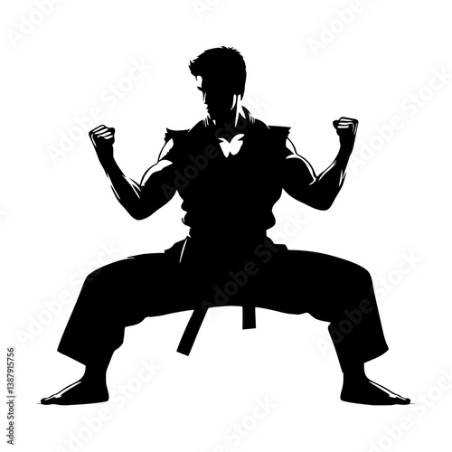 Martial artist in wide horse stance silhouette on white background, fists clenched, strong pose

