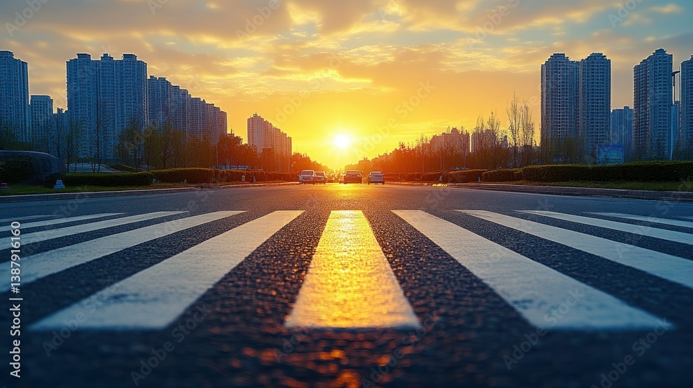 Obraz premium Sunset cityscape view from a crosswalk
