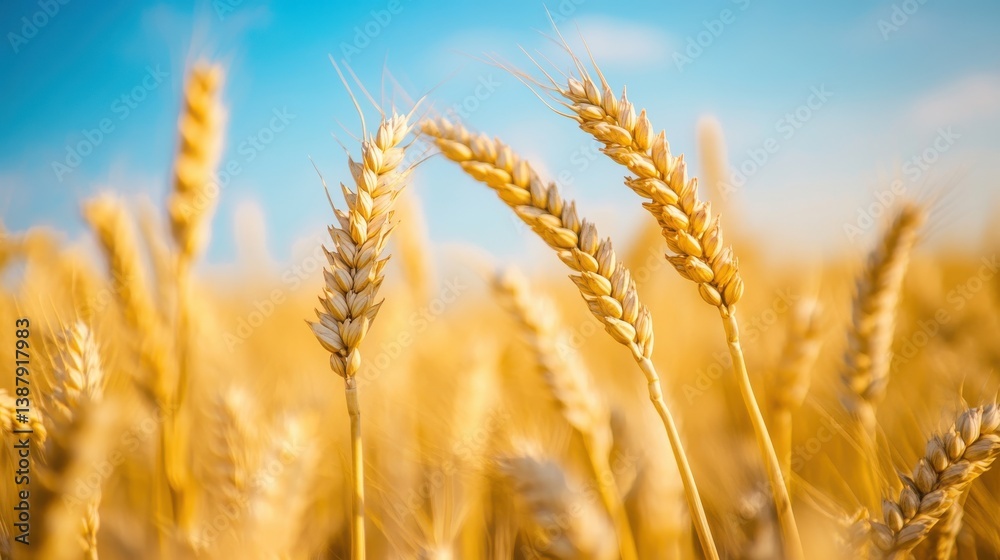 Beautiful field of ripe wheat of golden color against blurred background of blue sky. Beautiful field of ripe wheat of golden color against blurred background of blue sky.