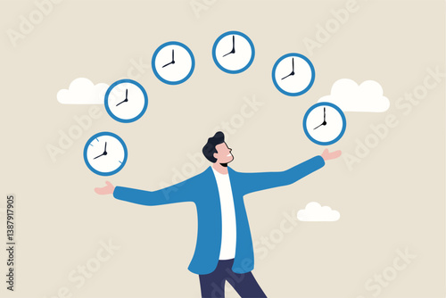 Time management, punctuality or work deadline, schedule plan or reminder, productivity expert or timer countdown, expertise concept, confidence businessman expert juggling clock in difference time.