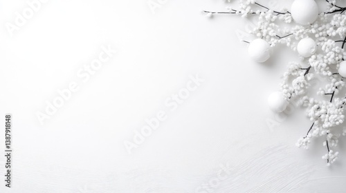 White Branches with Ornaments Minimalist Winter Style High-Resolution Soft Lighting Landscape Top View Festive Decoration White Wooden Background Serene Winter Holiday Designs