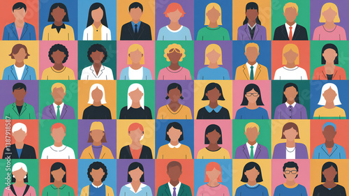 Diverse Group of Cartoon Avatar Portraits Representing a Multicultural Community and Social Networking - Illustration of Various Faces and Characters in a Grid Layout