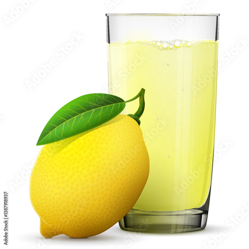 Lemon juice in glass isolated on white background. Whole lemon fruit with fresh squeezed juice glass. Vector illustration about fruit drinks, healthy food, gastronomy, etc