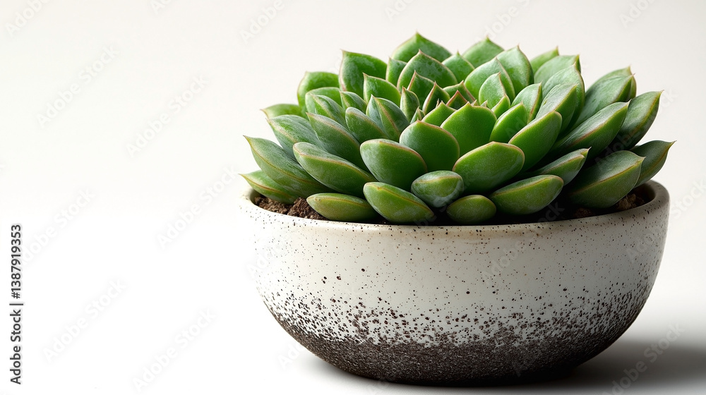 A vibrant green succulent in a textured white pot, adding a touch of nature to any indoor setting. A vibrant green succulent in a textured white pot, adding a touch of nature to any indoor setting.