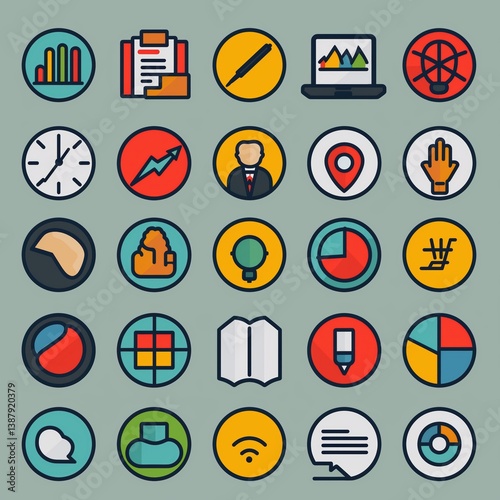 Business Icons Set with Phone, Document, Handshake, and Laptop
