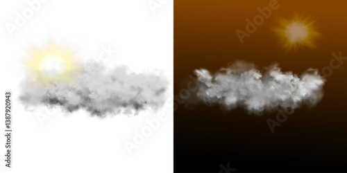Abstract vector clouds, fog or smoke on an isolated transparent background. Dust cloud. Desert smoke. Sandstorm. 3D smog explosion. Cloud, smoke, png.	