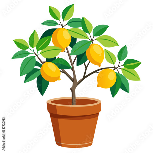 Cartoon Potted Lemon Tree Illustration with Ripe Yellow Lemons.