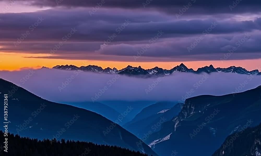 Misty Sunrise Over Majestic Mountains Snowy Peaks Time Lapse Tranquil Atmosphere Scenic Serenity Vibrant Fog Landscape Stock Video 4K Ultra HD MP4 Video Footage Download