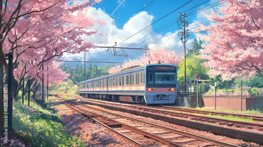 Naklejka premium Japan train in sakura cherry blossom seasom at Yamakita Town Kanagawa prefecture