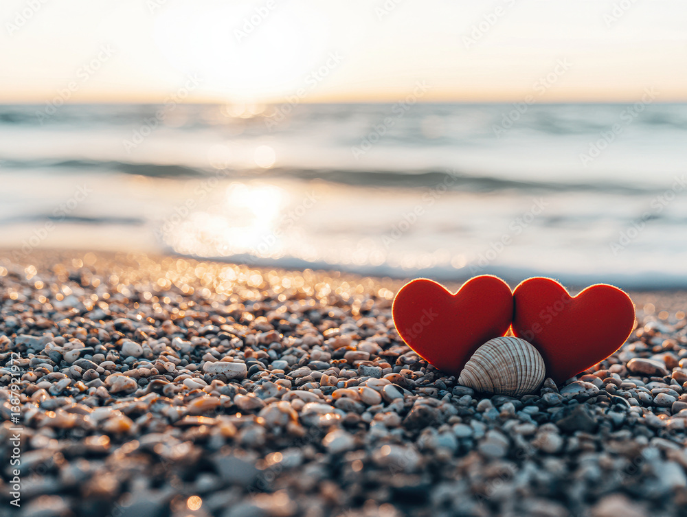 Two red hearts and a shell sit on a sandy beach with a serene ocean backdrop. Two red hearts and a shell sit on a sandy beach with a serene ocean backdrop.