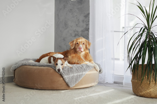 Both a small terrier and a larger retriever rest on a soft dog bed in a sunny corner.