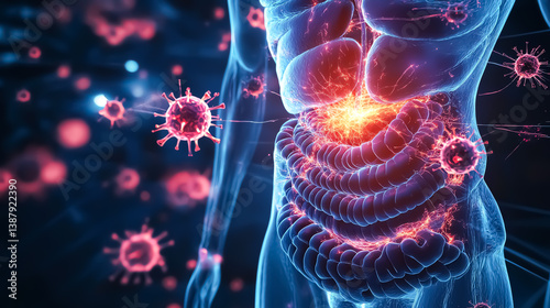 Conceptual art of a human digestive system with highlighted colon, glowing immune response attacking cancerous cells, futuristic medical theme