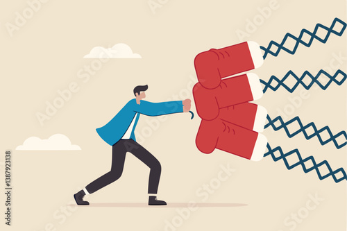 Business threat, fight to survive in business competition, resilience or adversity, challenge or survive to win, courage fighter concept, businessman hold shield to fight with multiple fighter punch.