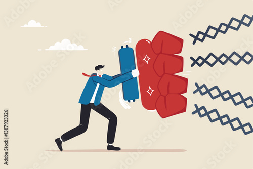 Business threat, fight to survive in business competition, resilience or adversity, challenge or survive to win, courage fighter concept, businessman hold shield to fight with multiple fighter punch.