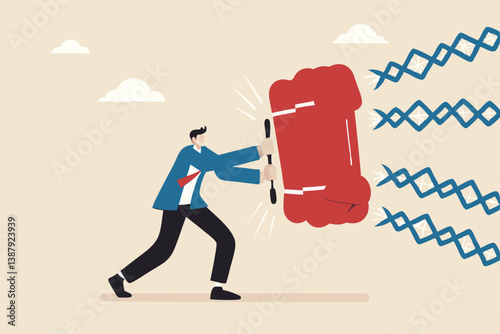 Business threat, fight to survive in business competition, resilience or adversity, challenge or survive to win, courage fighter concept, businessman hold shield to fight with multiple fighter punch.