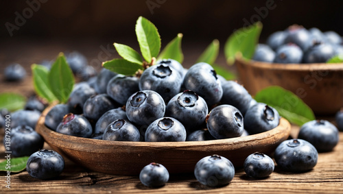 Fresh Blueberries with Leaves on a Rustic Wooden Surface, Ideal for Healthy Snack Promotions