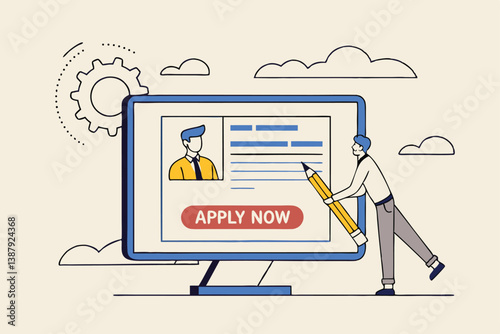 Online job application, career or employment submission form, candidate recruitment, job search or resume and CV document upload concept, businessman hold pencil fill in computer job application form.