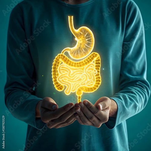 rendering of the human digestive tract with highlighted intestines