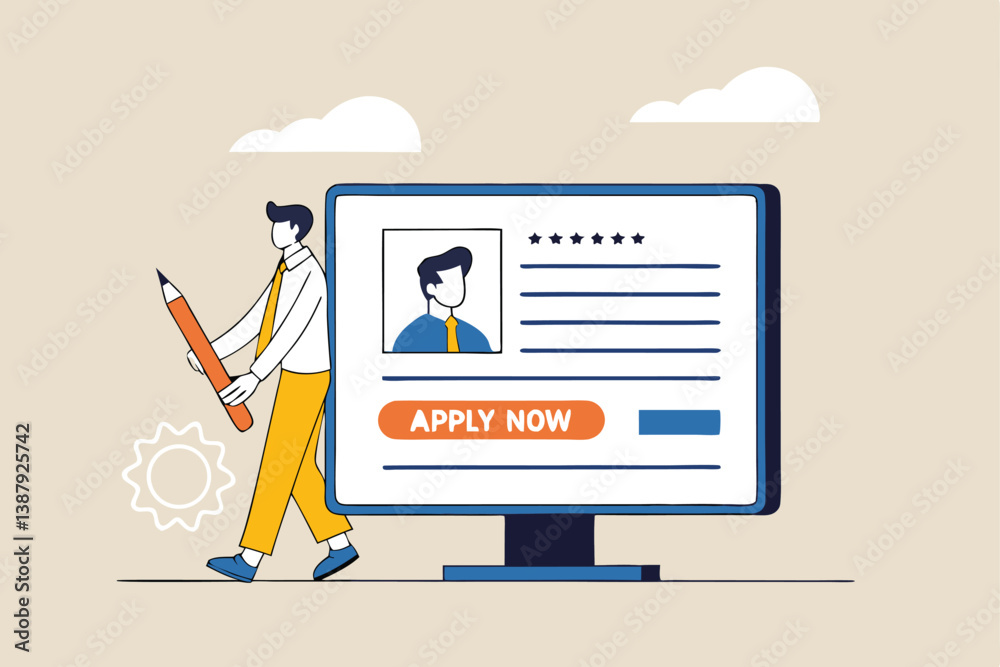 Online job application, career or employment submission form, candidate recruitment, job search or resume and CV document upload concept, businessman hold pencil fill in computer job application form. Online job application, career or employment submission form, candidate recruitment, job search or resume and CV document upload concept, businessman hold pencil fill in computer job application form.